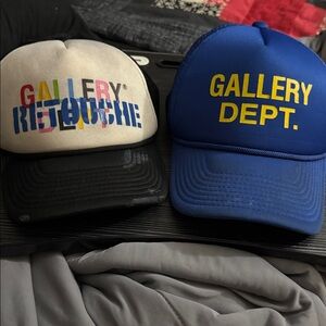 2 gallery dept hats. 1 bev hills retouche and one blue and yellow